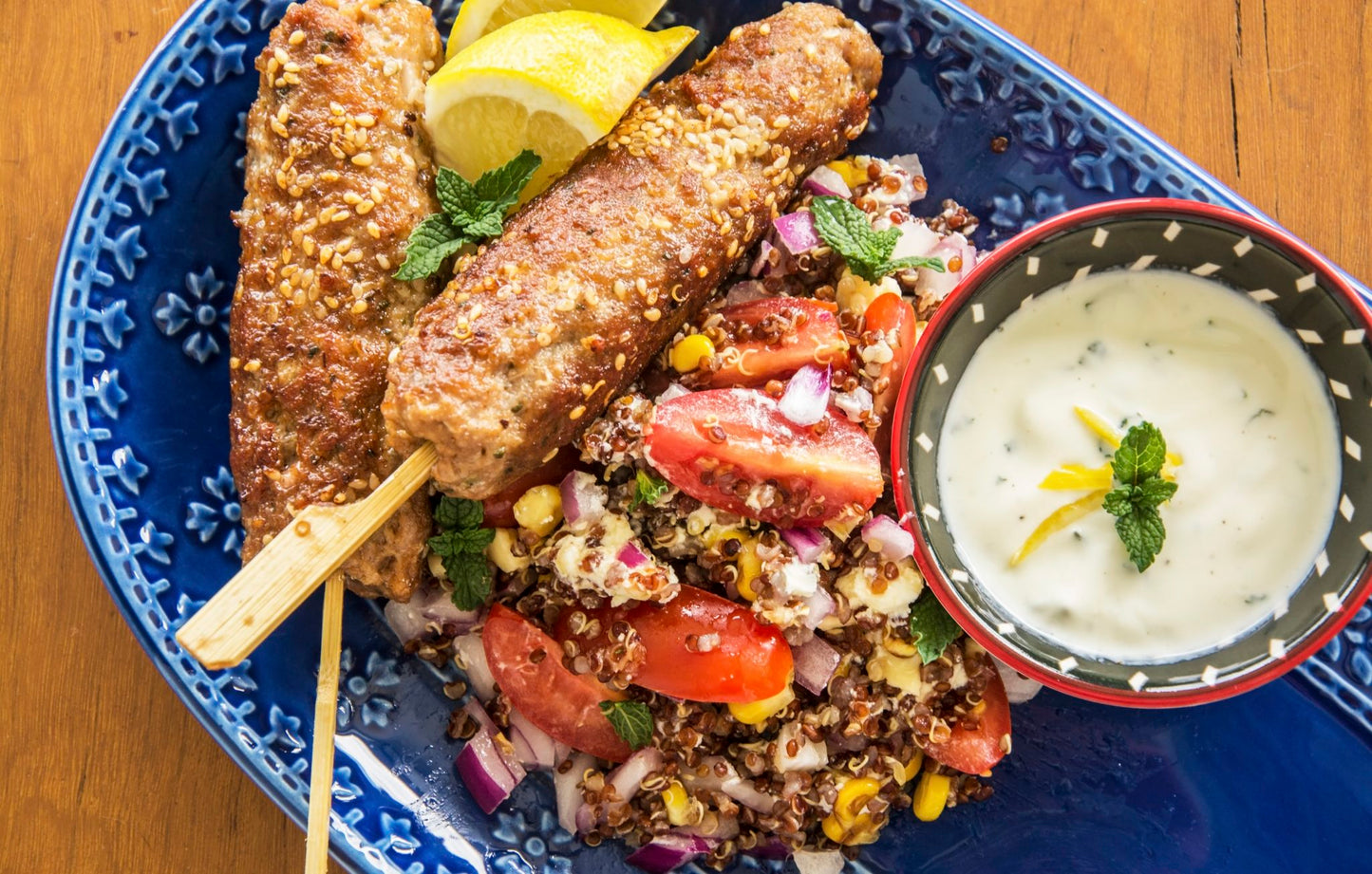 Schwarma Organic Chicken slices or Beef Kofta & Quinoa Super Bowl with Hummus Tahini & veggies