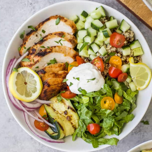 Schwarma Organic Chicken slices or Beef Kofta  & Quinoa Super Bowl with Hummus Tahini & veggies