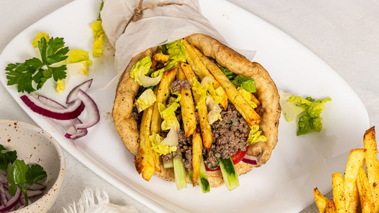 Loaded Schwarma -Middle Eastern/Indian Spicy Beef or Chicken Handmade Flatbreads with Hummus, salad with fries