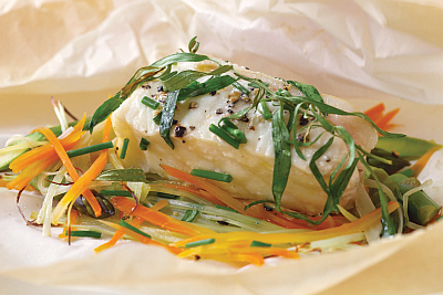 Fish en papillote -Steamed fresh fish with herbs & veggies - with steamed rice.